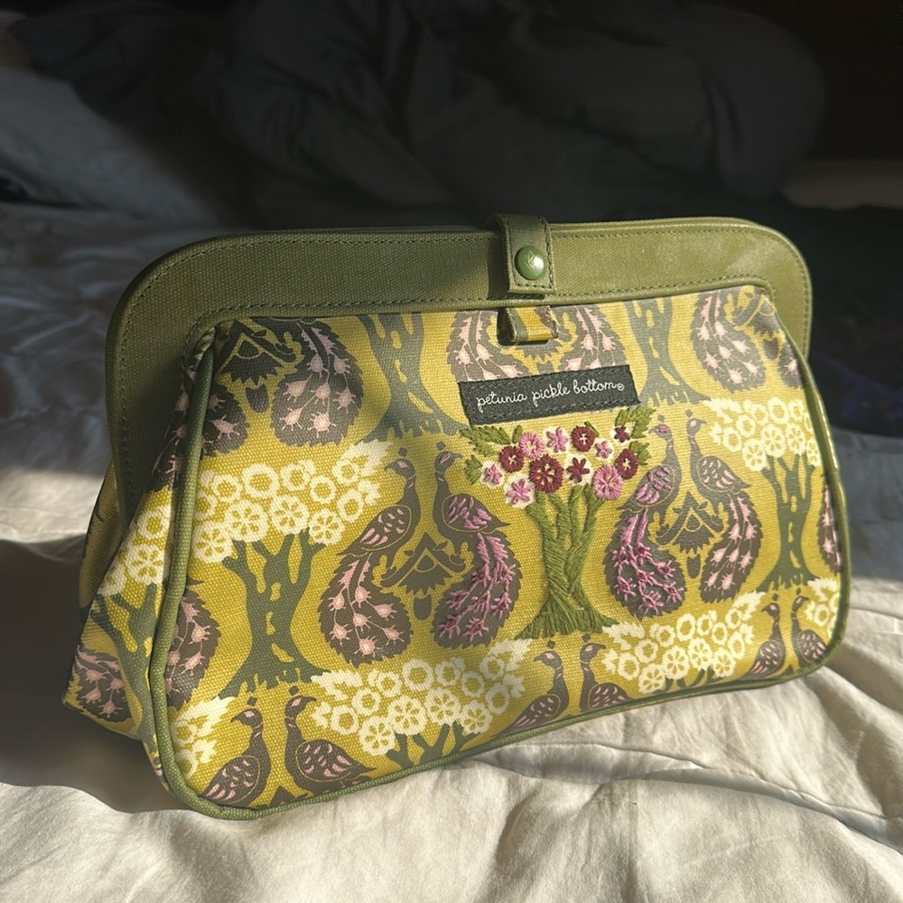 Petunia Pickle Bottom Green Purple Peacock Baby Diaper Bag Ornate Design used